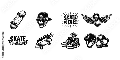 Collection of vintage skateboard icons and graphic elements for extreme sports