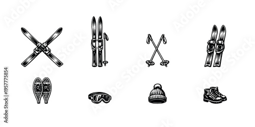 Collection of vintage winter sports equipment icons in black and white style
