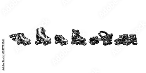 Collection of vintage roller skates and inline skates in a line, black and white illustration