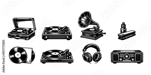 Vintage audio equipment collection: turntables, gramophone, radio, headphones, and vinyl records