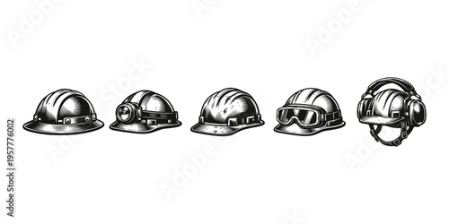 Collection of five different safety helmets and head protection gear in a row