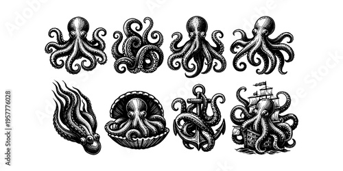 Collection of vintage-style octopus illustrations with nautical and marine themes