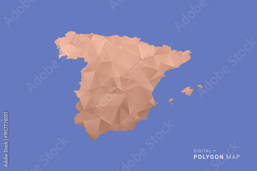 Spain Map - Orange Polygon Vector Illustration on Deep Blue Background, Low Poly Geometric Design, Modern Abstract Country Silhouette for Infographics and Presentation Use.