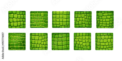 Collection of ten green textured squares with a reptilian skin pattern
