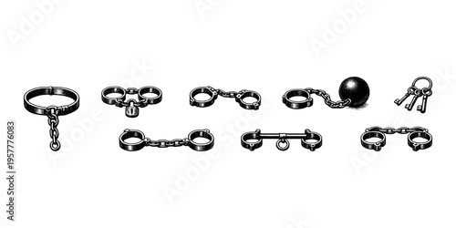 Collection of antique restraints and keys, including shackles, a ball and chain, and a collar