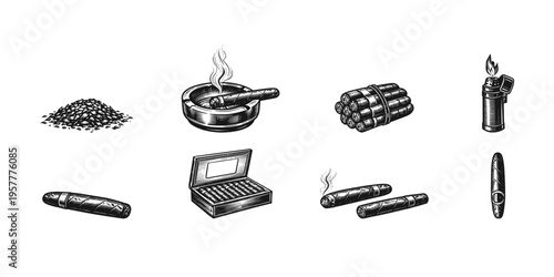 Collection of vintage cigar and smoking accessories in a retro engraving style