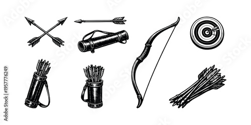 Vintage archery equipment collection with bow, arrows, quiver, and target in a hand-drawn style
