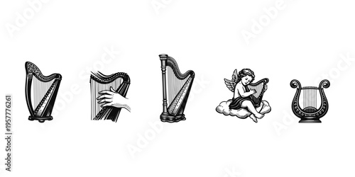 Collection of vintage harp and lyre illustrations with a cherub playing a harp