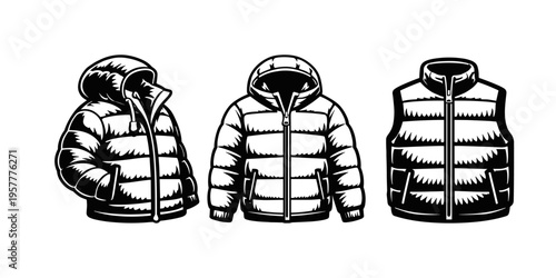 Set of three puffer jackets and vests in a minimalist black and white vector illustration style