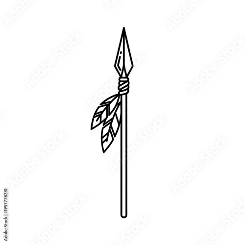 A simple, stylized line drawing of a spear with feathers attached to the shaft, presented on a white background.