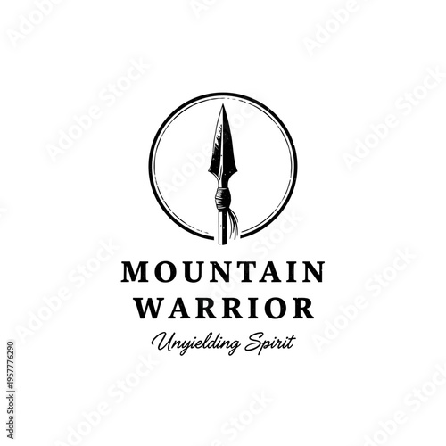 A vintage-style logo featuring a spearhead within a circle, with the text "MOUNTAIN WARRIOR" and "Unyielding Spirit" below.