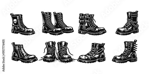 Collection of black and white illustrations of various punk rock combat boots
