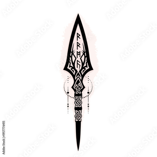 Intricate Viking Spear Tattoo Design with Runes and Celtic Knots.