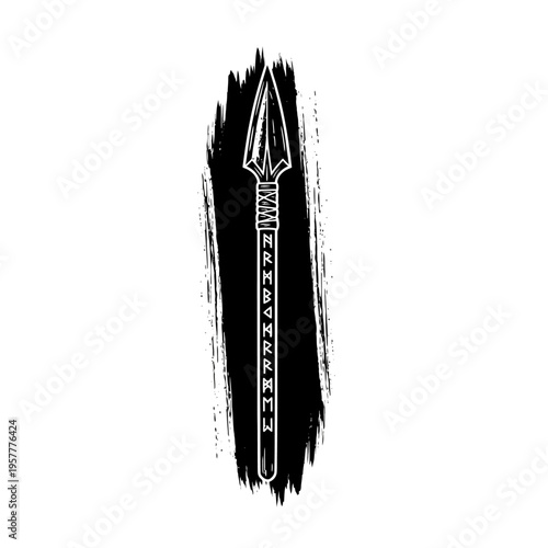 A striking black and white illustration of a spear with intricate carvings along its shaft, set against a distressed brushstroke background.