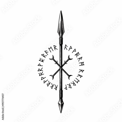 A striking black and white illustration of a Viking spear crossed with a sword, encircled by ancient runes, symbolizing strength and heritage.