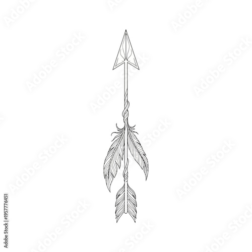 A detailed, stylized illustration of an arrow with feathers and intricate shaft details.