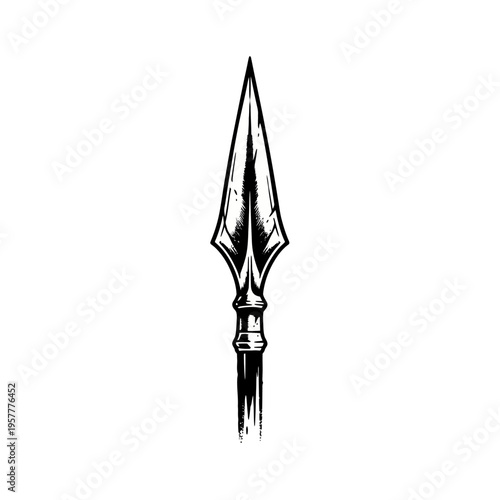 A striking black and white illustration of a sharp, ancient spearhead with a textured shaft, symbolizing warfare and history.