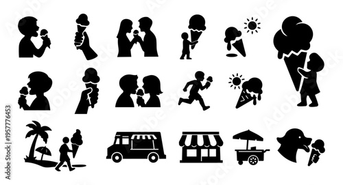 Ice Cream People Silhouette Set – Kids Family Summer Scenes Truck Beach Icons