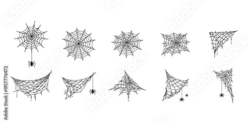 Collection of hand-drawn spider webs and spiders for Halloween decoration elements