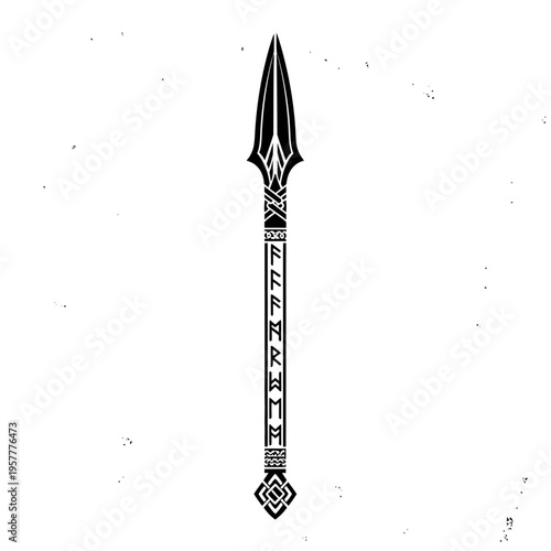 A striking black and white illustration of a tribal spear with intricate geometric patterns along its shaft.