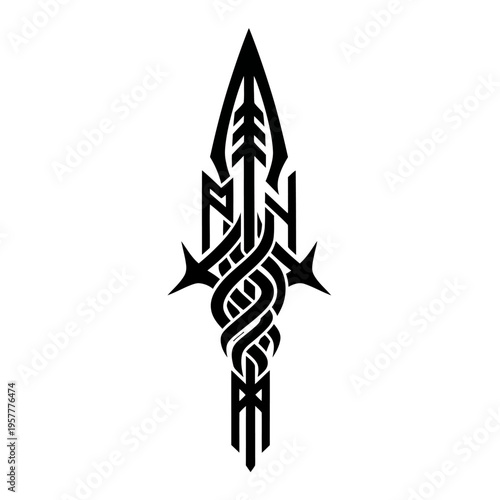 Intricate black tribal spearhead design with interwoven knotwork and sharp, angular elements, symbolizing power and ancient warfare.