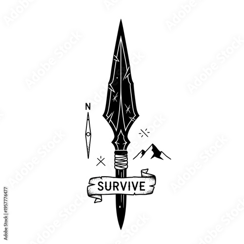 A striking black and white illustration of a spear with the word 'SURVIVE' on a banner, featuring a compass rose and mountains, symbolizing resilience and adventure.