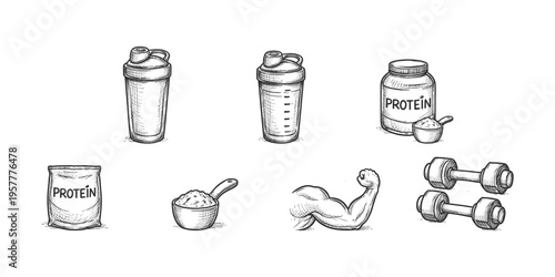 Hand-drawn fitness and nutrition icons including protein powder, shakers, and dumbbells