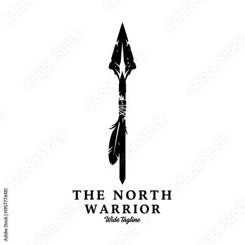 A striking black and white graphic design featuring a stylized spear with feathers and the text "THE NORTH WARRIOR" above it.