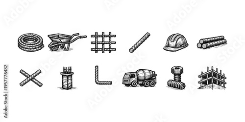 Collection of construction materials and equipment in a hand-drawn sketch style
