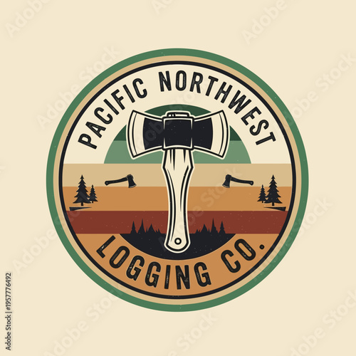 Vintage Pacific Northwest Logging Co. emblem featuring a double-headed axe, pine trees, and a retro sunset.