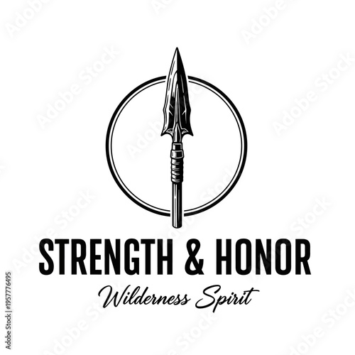 A striking black and white logo featuring a spearhead within a circle, with the words "STRENGTH & HONOR" and "Wilderness Spirit" below.