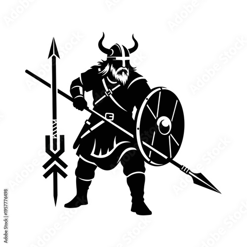 A striking black and white illustration of a fierce Viking warrior in full battle gear, holding a shield and a spear, ready for combat.