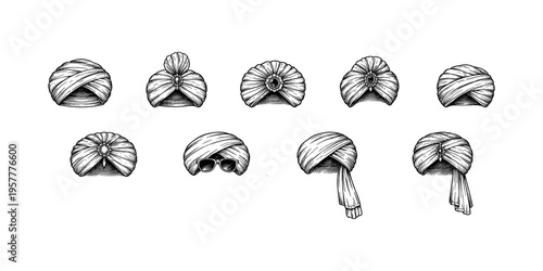 Collection of diverse turban styles and headwear illustrations in black and white