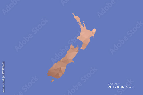 New Zealand Map - Orange Polygon Vector Illustration on Deep Blue Background, Low Poly Geometric Design, Modern Abstract Country Silhouette for Infographics and Presentation Use.