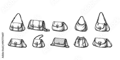 Collection of diverse handbag sketches in a vintage illustration style
