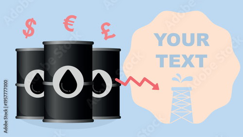 Oil barrels, a downward-pointing arrow, a drilling rig, and copy space. Concept: falling oil prices.