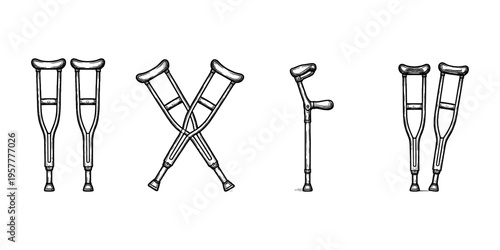 Collection of hand-drawn medical crutches in various styles and arrangements