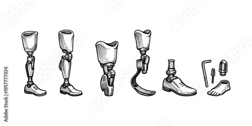 Collection of prosthetic legs and components in a hand-drawn sketch style