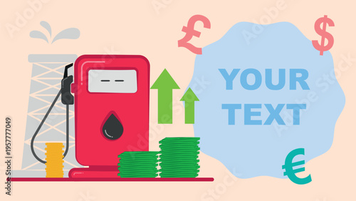 Gas pump, bills, coins, drilling rig with copy space. Gas price increase.