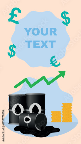 Oil barrels, an upward arrow, and coins with copy space. Concept: rising oil prices, vertical illustration.