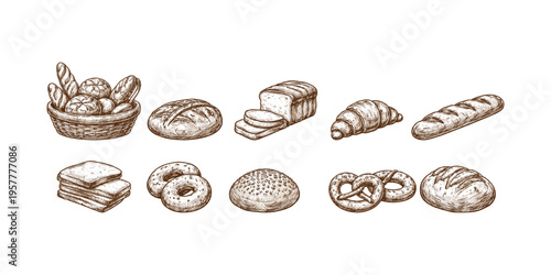 Collection of hand-drawn baked goods including bread, croissants, and pretzels