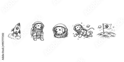Cute dog astronaut adventures in space, from rocket launch to moon landing