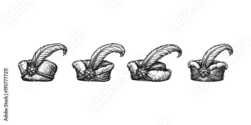 Four ornate historical hats with feathers and jewels, hand-drawn illustration
