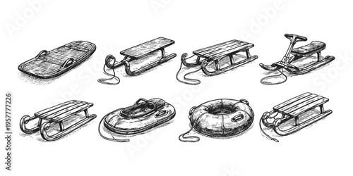 Collection of various winter sleds and snow tubes in a hand-drawn sketch style