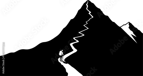 Vector mountain landscape silhouette with climber