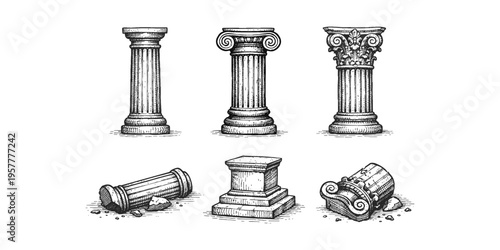 Collection of classical architectural columns, some standing and some broken, in a sketch style