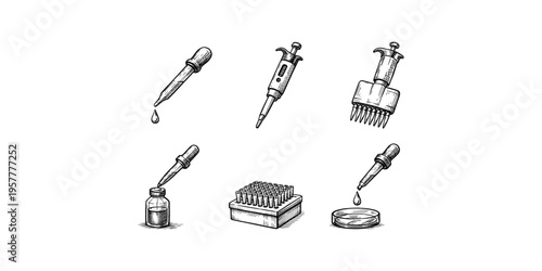 Hand-drawn scientific laboratory equipment including pipettes and microcentrifuge tubes