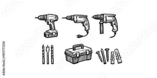 Collection of hand-drawn drills, toolbox, bits, and fasteners for DIY projects