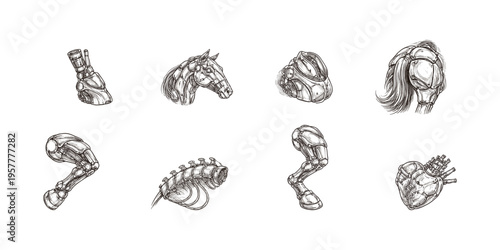 Collection of steampunk horse parts including head, legs, heart, and hoof