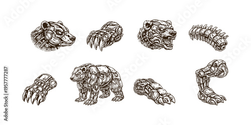 Collection of robotic bear parts and a full mechanical bear illustration